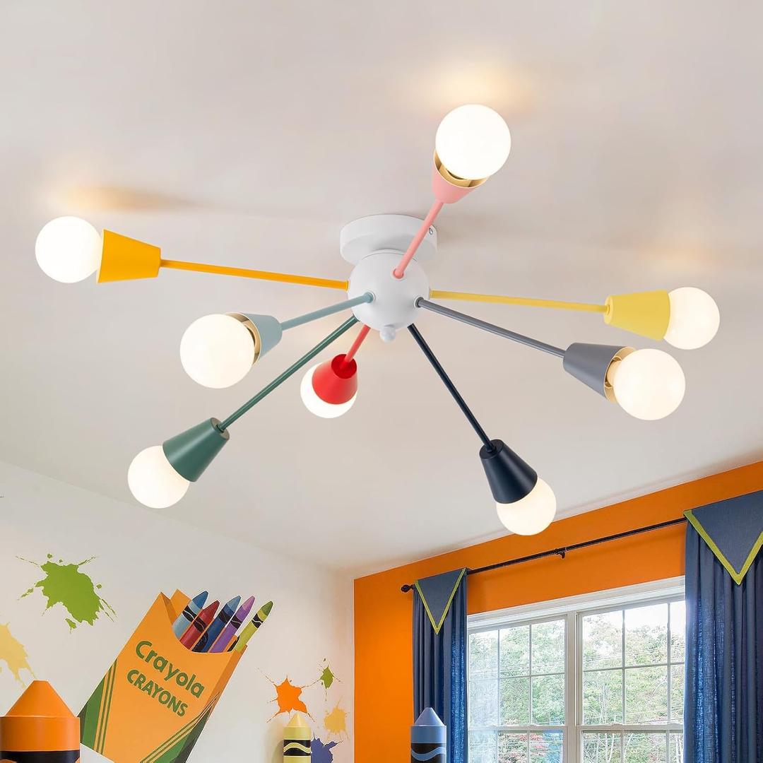 Colorful Chandelier, 8-Light Modern Sputnik Chandelier, Kids Ceiling Light with Multi Color Rainbow Semi Flush Mount Ceiling Lights for Living Room Dining Room Bedroom Playroom E26 Base