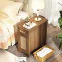 Narrow End Table with Charging Station - Midcentury Rattan Slim Side Table with USB Ports and Power Outlets, Nightstand with Flip Top and Storage Drawer, for Small Spaces Living Room Bedroom, 22 inches x 11.8 inches x 23.6 inches