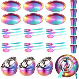 Honeydak 36 Pcs Stainless Steel Utensils Camping Tableware Kit Include Set of 6 Plate Bowl Cups Spoons Forks Knives Flatware Set for Backpacking Camping Hiking and Picnic (Rainbow Color)