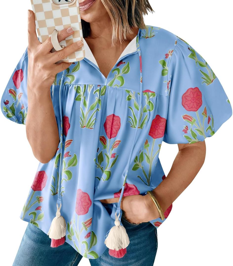 Cicy Bell Womens Boho Floral Blouses Puff Sleeve V Neck Babydoll Shirts (S)