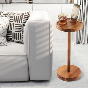 Pedestal Side Table, Acacia Drink Table with Weighted Base, Small Round Side Table for Small Spaces with 360 Rotating Phone Holder, Martini & Cocktail Pedestal End Table for Living Room, Home Office