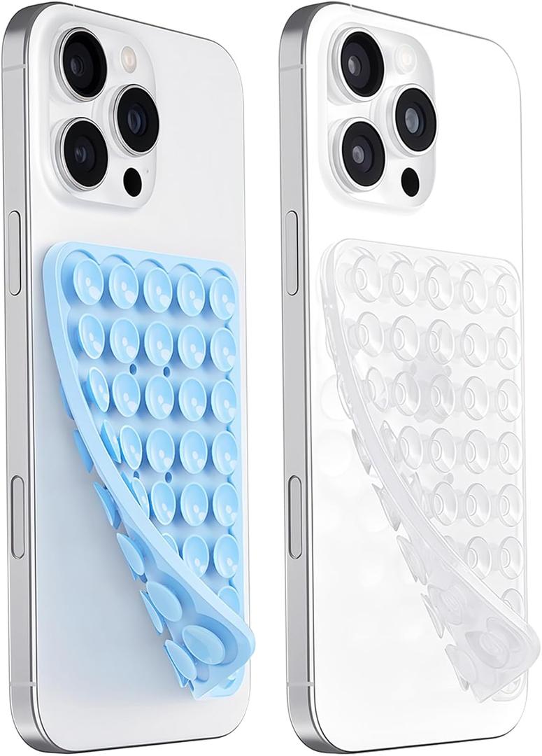 3 x JingJinYY Anteel 2 Pack Double Sided Silicone Suction Cup Phone Case Mount, Hands-Free Strong Grip Silicon Phone Holder for Selfies and Videos, Non Slip Phone Accessories (Baby Blue&Translucent)