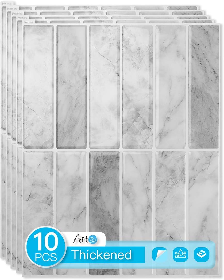 Art3d 11.4 x 9 Inch Heavy-Duty Peel and Stick Backsplash for Home Dcor, 10-Pack Vinyl Wall Tiles for Kitchen Countertop, Gray Marble