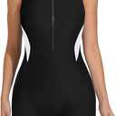 ATTRACO Athletic One Piece Swimsuits for Women Zipper Up Bathing Suits Modest Boyleg Swimwear (X-Large, Black White)