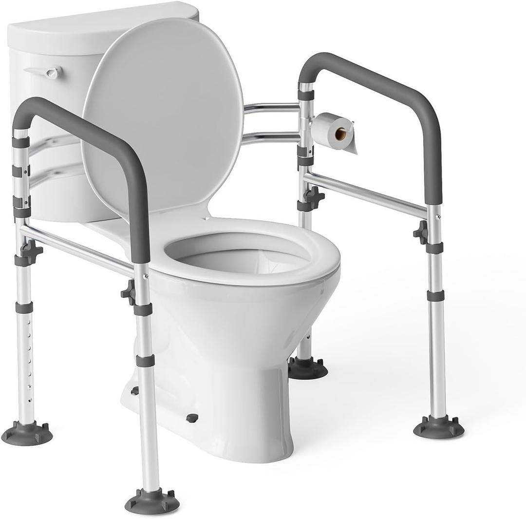 Loyoda Toilet Safety Rails,Height-Adjustable Toilet Frame Width-Adjustable Toilet Handles Foldable Toilet Rail Provides Support for Seniors ， Pregnant ，Disabled （Gray）