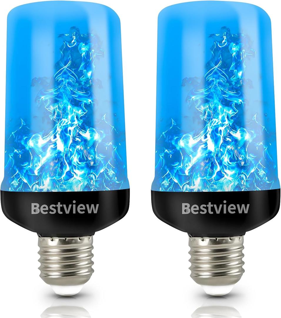 Bestview LED Flame Effect Light Bulbs,4 Modes Smart E26/E27 Base Flickering Fire Light Bulbs with for Halloween, Christmas, Party, Porch, Indoor&Outdoor Home Decoration Lighting (Blue 2 Pack) (Blue)