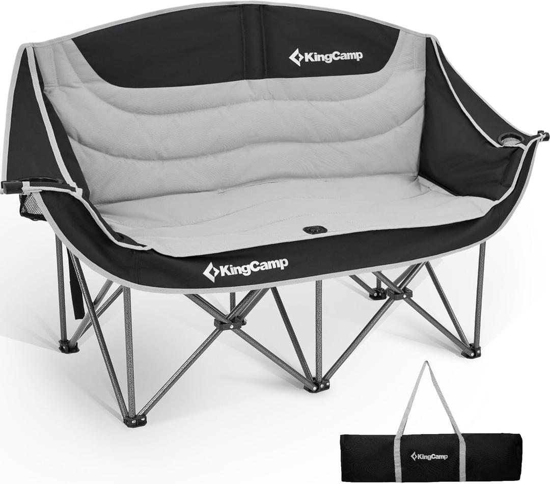 KingCamp Double Camping Chair, Oversized 660lbs Heavy Duty Loveseat for Adults Portable Folding XL 2 Person Couch Padded Comfortable Two Seat with Cup Holder for Outdoor Lawn Backyard, Black/Grey