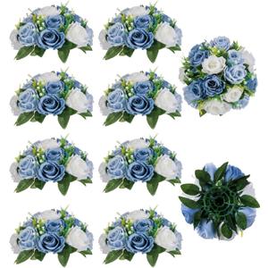 BLOSMON Flower Ball Centerpieces for Table 10 Pcs Fake Rose Centerpiece Flowers Dusty Blue Artificial Silk Floral Arrangement Center Piece Kissing Bouquet for Wedding Party Home Decor