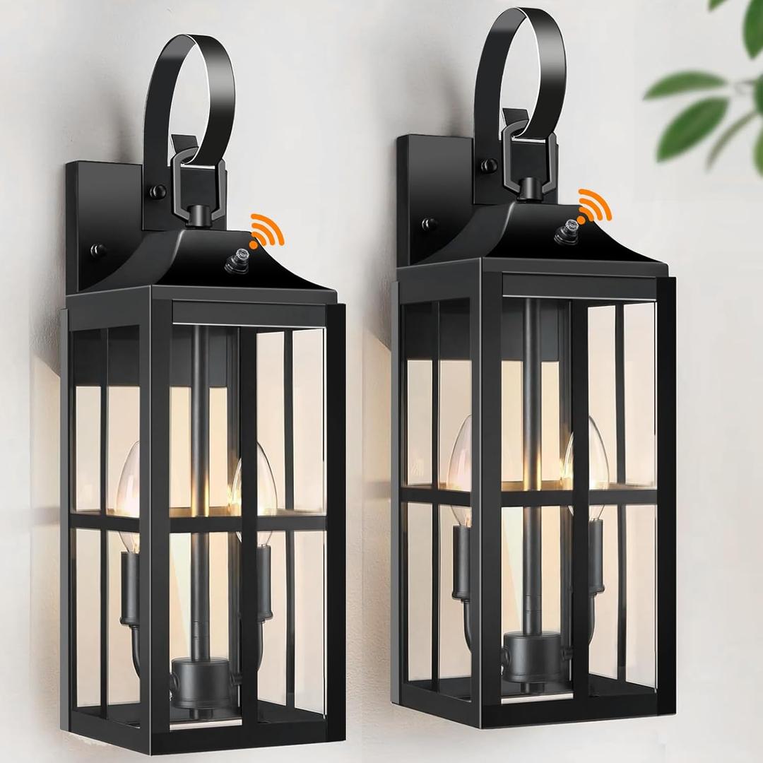 2 Pack 19" Large Outside Modern Wall Sconce Light Fixture Dusk to Dawn, Industrial Porch Light Wall Mount with Glass, Waterproof Farmhouse Exterior Lamp Lighting Bulbs Included (Black-DTD-2)