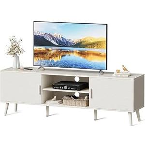 SUPERJARE TV Stand for 55 Inch TV, Entertainment Center with Adjustable Shelf, 2 Cabinets, TV Console Table, Media Console, Solid Wood Feet, Cord Holes, for Living Room, Bedroom, White