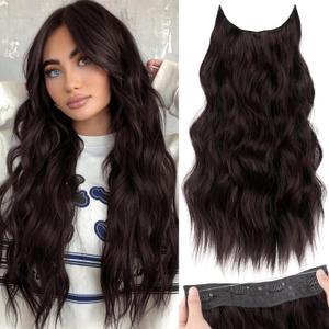 KooKaStyle Invisible Wire Hair Extensions with Transparent Headband Adjustable Size 4 Secure Clips Long Wavy Synthetic Hair Secret Wire Hairpiece 20 Inch Reddish Chocolate Brown for Women