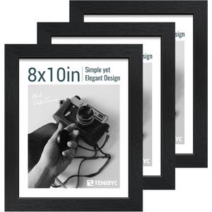8x10 Picture Frame Set - 3 Pack, Textured Black Solid Wood, HD Tempered Glass, Gallery Photo Frame, Table or Wall Display