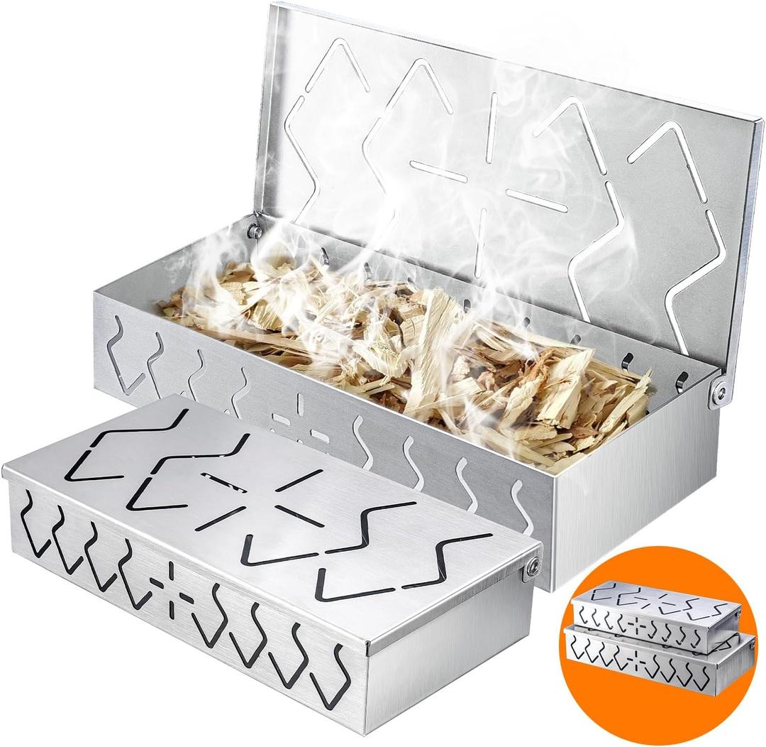 Smoker Box for Gas Grill, 2-Pack Stainless Steel Wood Chip Boxes with Hinged Lids, BBQ Smoke Box for Charcoal & Gas Grills, Adds Smoky Flavor, Easy to Use