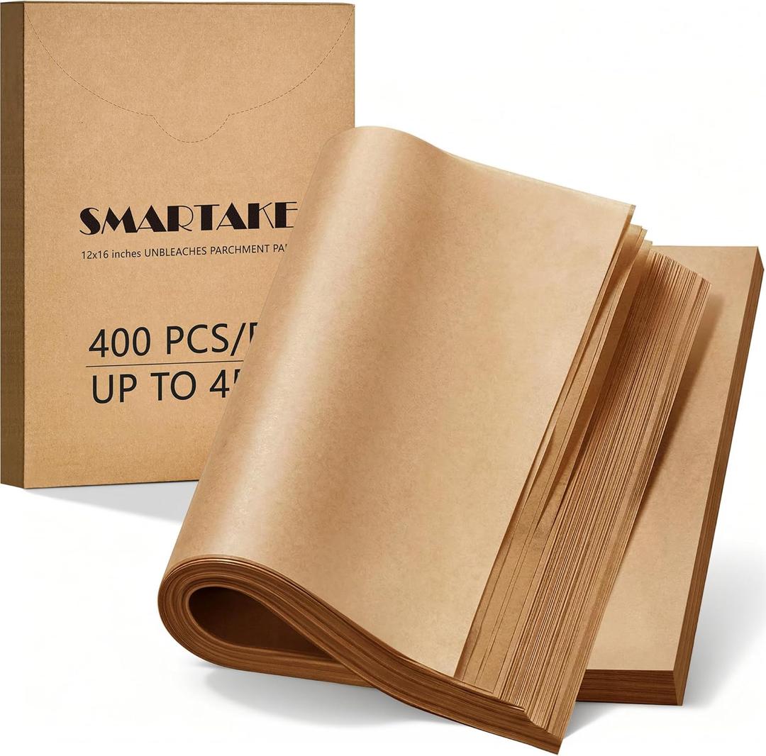 SMARTAKE 400 Pcs Parchment Paper Baking Sheets, 12x16 Inches Non-Stick Precut Baking Parchment, for Baking Grilling Air Fryer Steaming Bread Cup Cake Cookie and More (Unbleached)