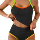 Eomenie Tankini Swimsuit for Women Tummy Control Ruched Two Piece Bathing Suits High Waisted Shell Stitch Swimwear (Medium, Black&colorful Trims)