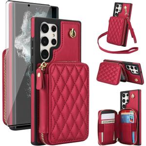 Phone Case for Samsung Galaxy S21 Ultra 5G Wallet Cell Cover with Tempered Glass Screen Protector Wrist Crossbody Strap Lanyard RFID Blocking Card Holder S21ultra 21S S 21 21ultra G5 Women Girls Red
