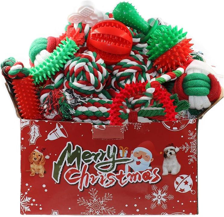 Christmas Dog Toys 7 Pack, Puppy Rubber & Rope Toys Set, Interactive Tough Box for Dog Playing, Training & Teething Bulk for Holiday Puppies' Presents