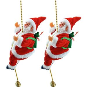 Climbing Santa with Rope, Climbing Santa Claus on Ladder Climbs Up and Down with Light Music Sound, Christmas Ornament for Xmas Tree Fireplace Home Dcor (2 pcs)