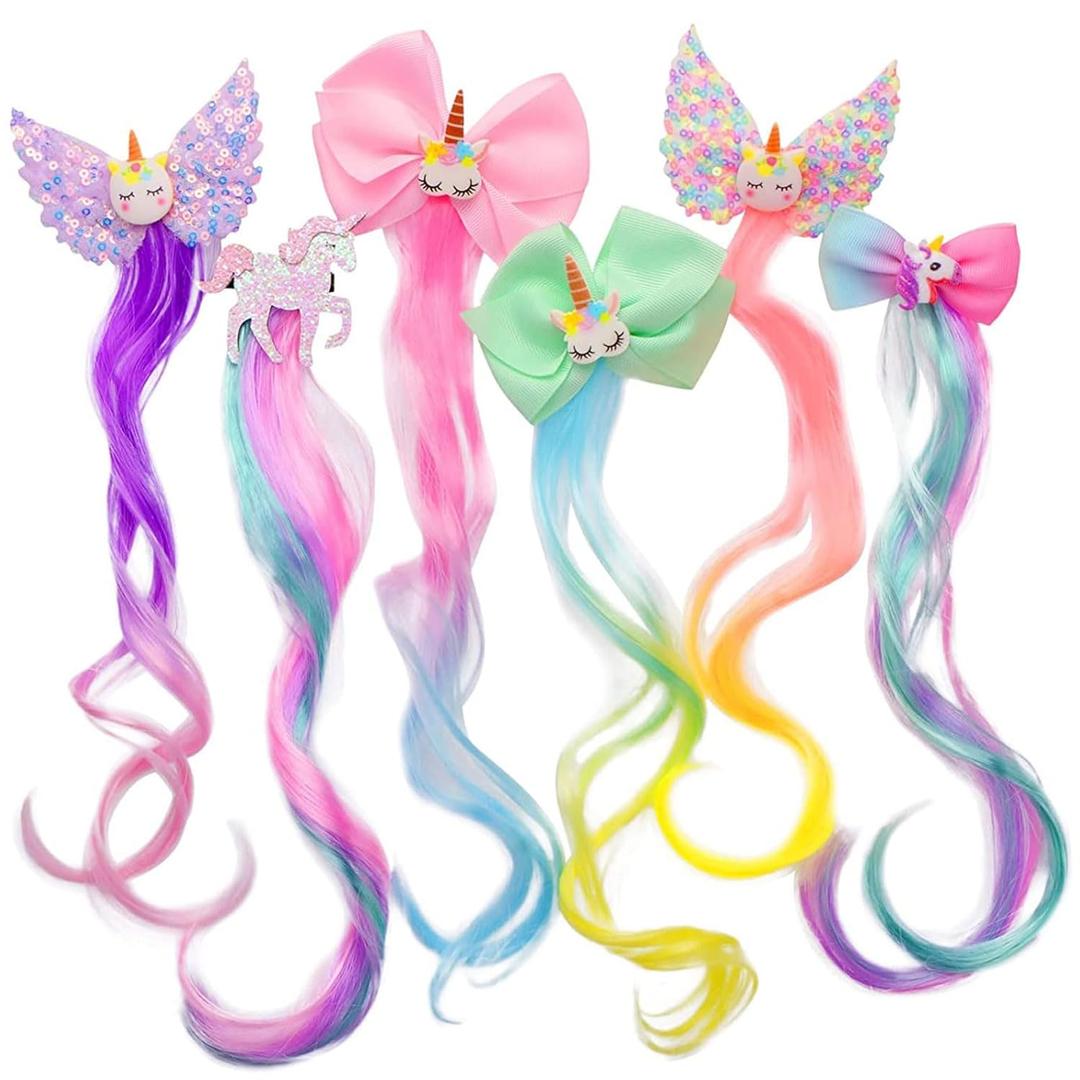 Ideal Swan 6 Set Unicorn Hair Extensions Clip - Colorful Curly Hair Extensions for Girls, Cute Unicorn Accessories Hair Clips for Kids Ponytails, Rainbow Thick Wig Clip in Fake Bangs (Curly Hair)