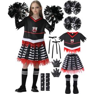 Cheerleader Costume for Girls Zombie Cheerleaders Outfit Kids Halloween Scary Bloody Dress Accessories Set (XX-Large(14-16 Years), Black-red)