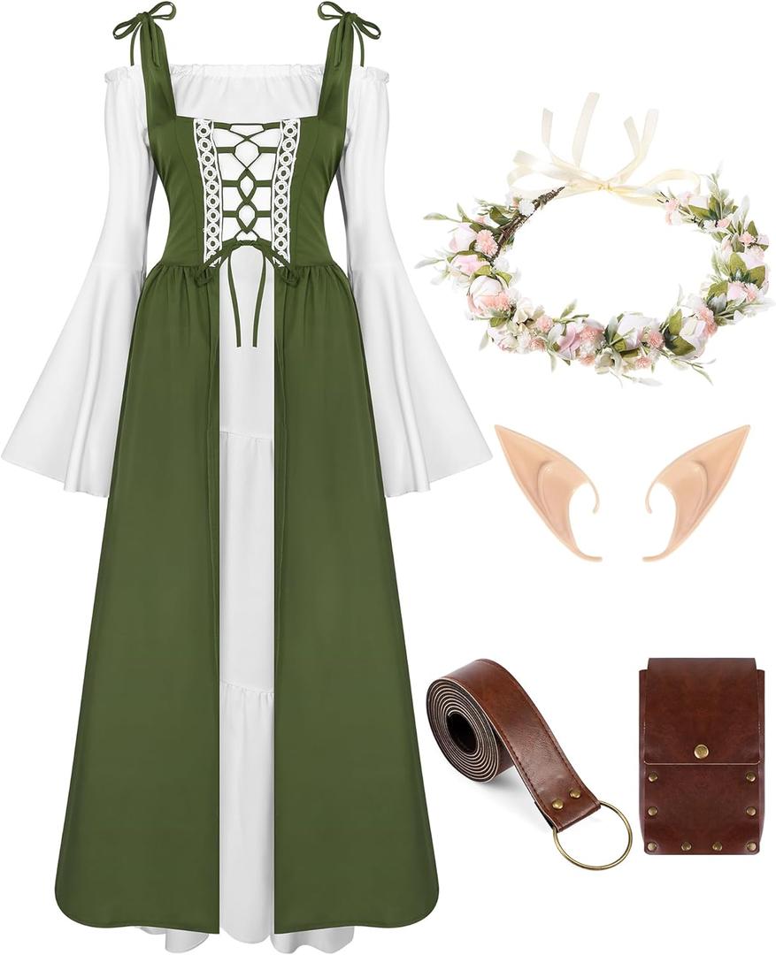 Foaincore Women Renaissance Dress Medieval Fairy Costume with Flower Crown, Belt, Pouch and Elf Ears for Halloween