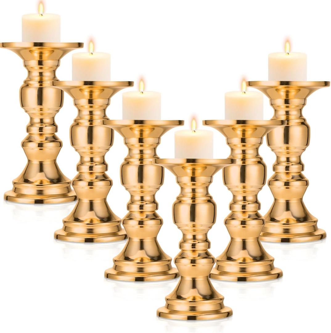 Yaomiao 6 Pieces Wedding Gold Pillar Candle Holders Metal Candlestick Holder Tall Stands for Pillar Candles Gold Candlesticks for Table Weddings Special Events Parties Living Room