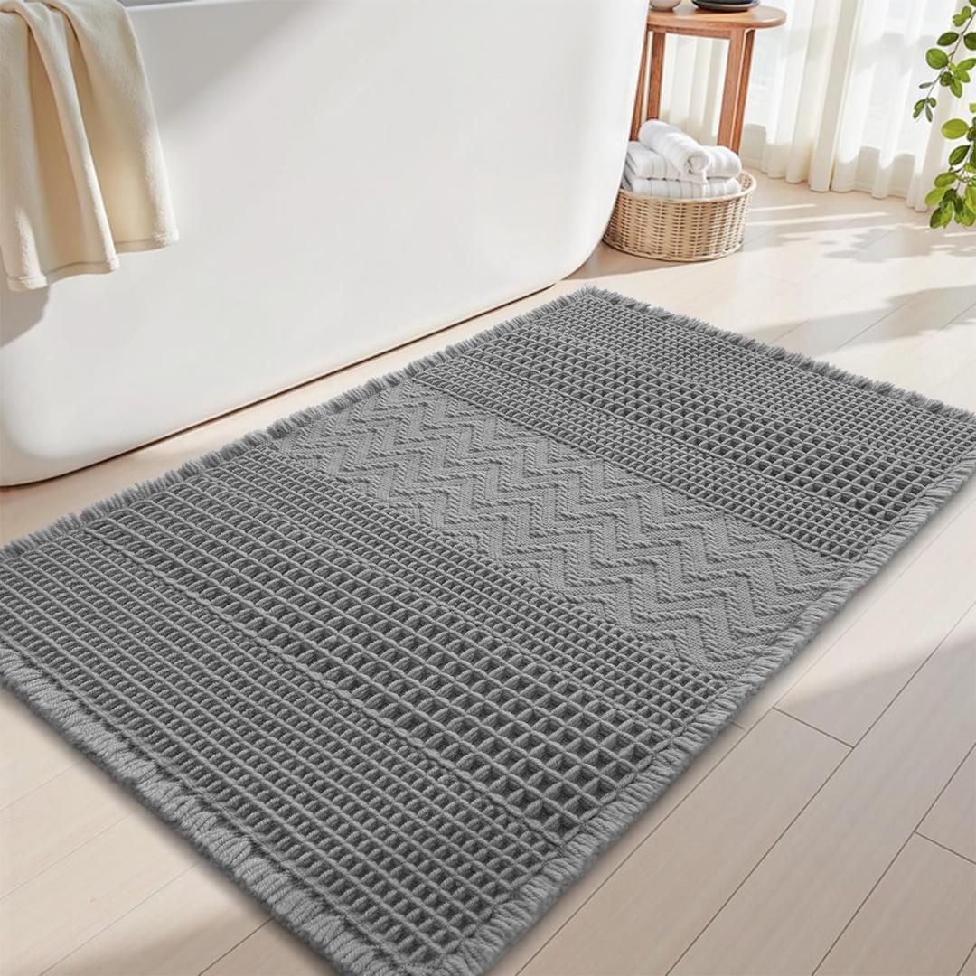 AMOAMI Waffle Bath-Mat, Super Absorbent Bath Mats for Bathroom, Boho Bathroom Rugs Non Slip Washable, Ultra Soft Bathroom-Mat with Tassels Bath Rugs for Floor Mat, 20" X 32" Grey