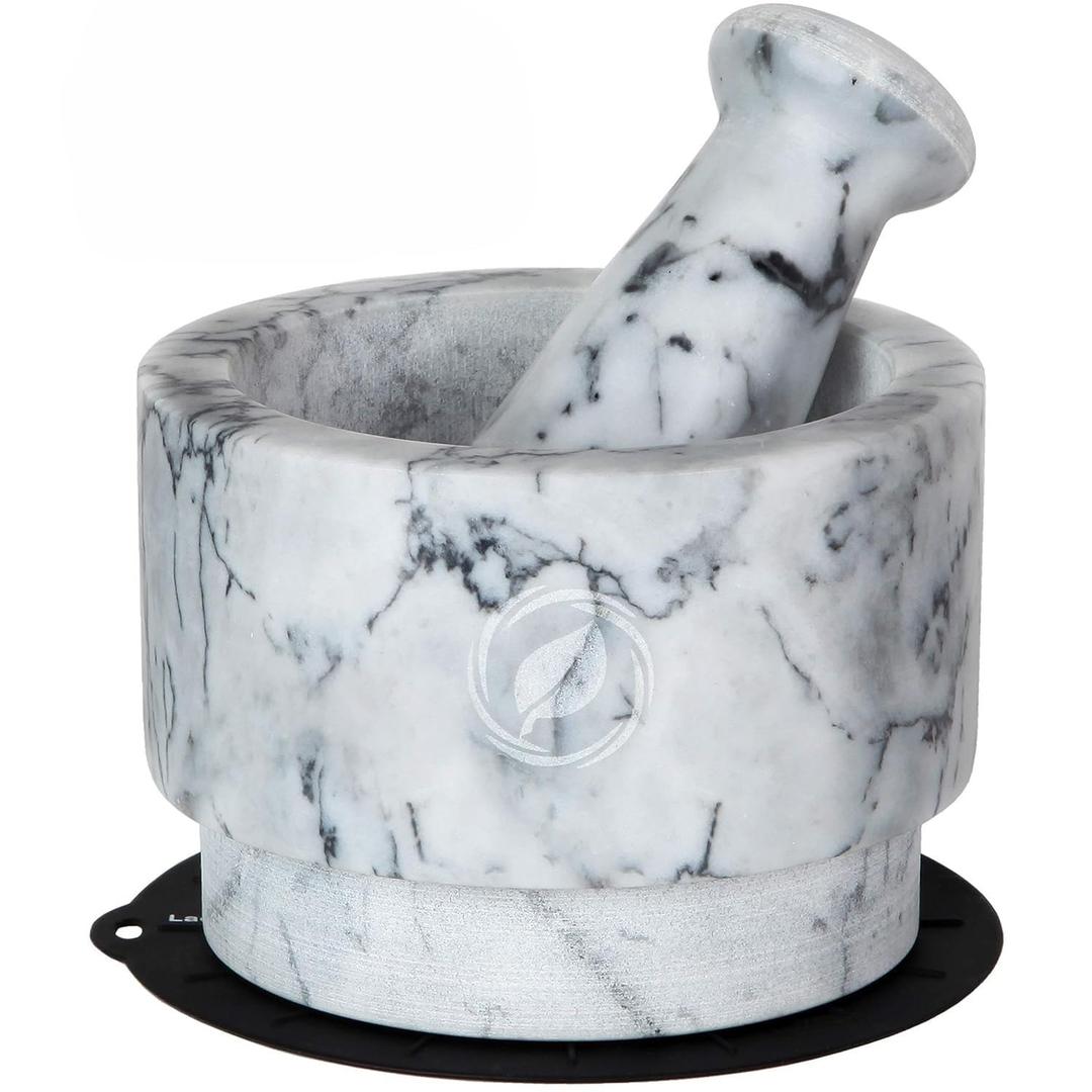 Laevo White Marble Mortar and Pestle Set - Heavy Duty Stone Spice Grinder - 2.1 Cup Capacity, 5.5-Inch Reversible Mortar and Pestle Set for Guacamole, Pesto, Spices - Large