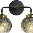 Mid Century Vanity Light Black Bathroom Wall Light Fixtures Green Glass Wall Sconce lamp Ribbed Glass Shade Modern Art Deco Vanity Lights for Over Mirror Bedroom Hallway 2 Lights