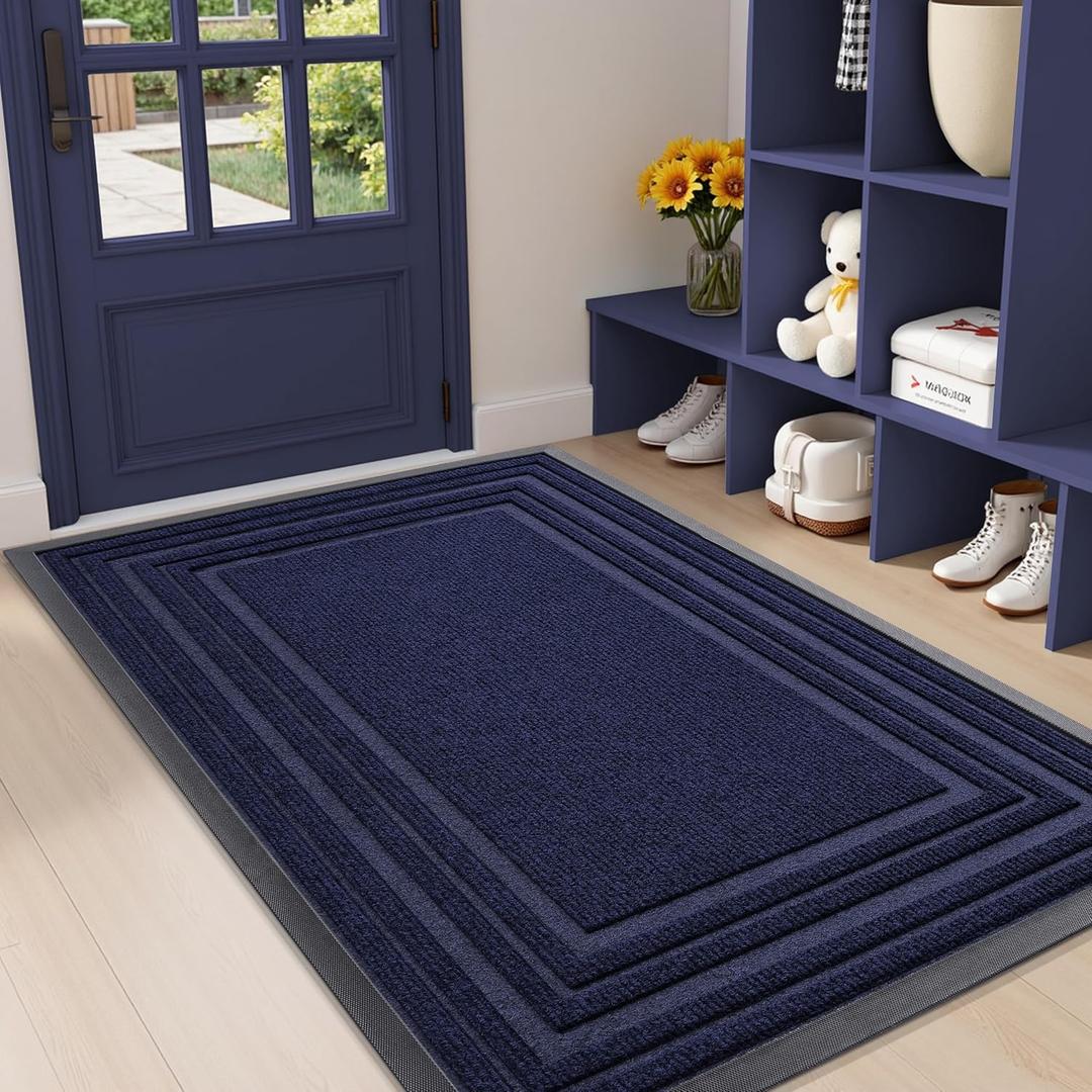 Buganda Front Door Mat Indoor Outdoor Entrance, Non-Slip Natural Rubber Doormats, Easy Clean, Low Profile, Dirt Trapper Entryway Floor Mats for Outside, Garages and Patios, 47x32, Navy