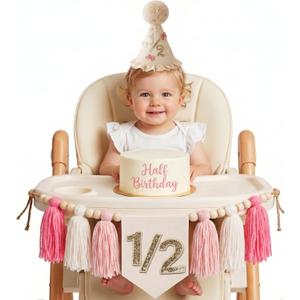 1/2 Birthday Girl Half Birthday Decorations High Chair Banner & Cone Hat Pink Tassel Wood Bead Garland Half Way To One Girl Decorations Cake Smash Photo Props For Six Months