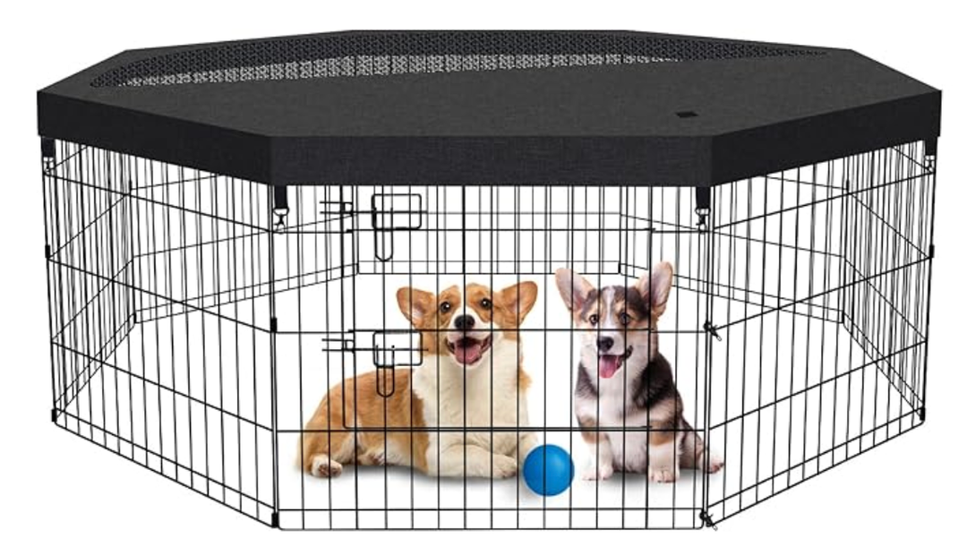 Foldable Metal Wire Dog Pen Pet Playpen Dog Fence Indoor Exercise Pen Enclosure Indoor Outdoor with Top Cover (Black 24 top Cover)