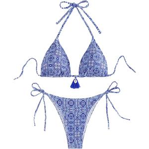 WDIRARA Women's 2 Piece Floral Print Swimsuits Geometric Halter String Triangle Bikini Set Beach Bathing Suit (Light Blue), Small
