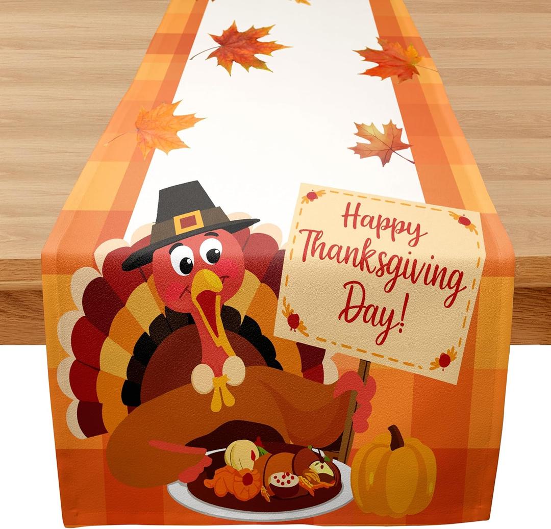 13" x 72" Thanksgiving Turkey Table Runner - Happy Thanksgiving - Rustic Farmhouse Kitchen Dining Coffee Tabletop Decoration - Fall Maple Leaves Table Runner Dresser Scarves for Home Party - A09