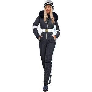 Zwurew Womens Winter Ski Suit Outdoor Sports Waterproof Snowsuit Fur Collar Ski Jumpsuit Coat (Medium, Navy Blue)