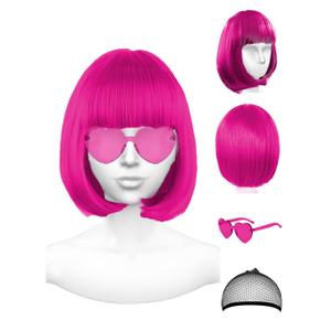 Purple Wig and Party Sunglasses, 12 Inch Dark Purple Bob Wigs for Women, Neon Glasses Short Wigs for Women - Bachelorette Party Wigs Decorations Favors (
Purplish Red
)