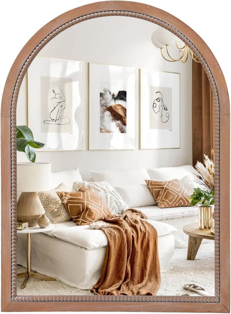 Arch Wood Mirror,22x30 inch Arched Rustic Farmhouse Natural Wooden Frame Boho Beads Wall Mirror for Bathroom,Living Room,Bedroom or Entryway