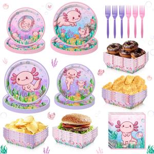 100PCS Pink Cartoon Axolotl Birthday Party Decorations, Axolotl Party Supplies Plates and Napkins Set, Axolotl Theme Paper Food Trays Large Food Serving Boats Disposable Snack Nacho Trays Baby Shower