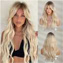 Long Blonde Wig with Bangs Long Curly Wavy Blonde Wigs for Women Mixed Blonde Synthetic Wig (Mixed Blonde)