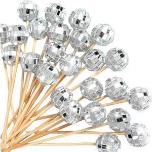 Hushee 100 Pcs Disco Ball Cocktail Picks Stirrers 4.7 Inch Mirror Ball Fancy Toothpicks Bamboo Appetizer Skewers Wooden Cocktail Sticks for Wedding Birthday Theme Party Supplies Food Garnish(Silver)
