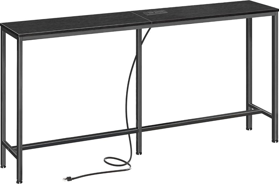 SUPERJARE Console Table with Outlet, 63 Inch Sofa Table with Charging Station, Narrow Entryway Table, Skinny Hallway Table, Behind Couch Table, for Living Room, Plants, Black, 7.9''d x 63''w x 31.5''h