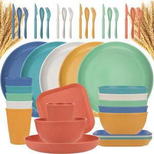 42-Piece Plates and Bowls Sets Wheat Straw Dinnerware Sets Service for 6, Unbreakable Dishwasher Microwave Safe Dishes Set Cups Sets Dinner Plates and Bowls Set for Kitchen