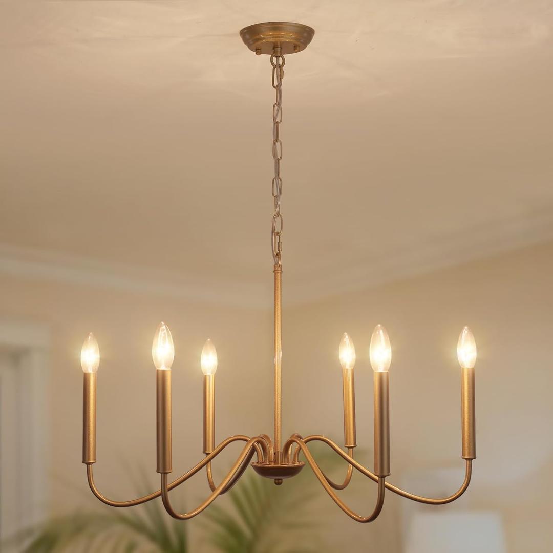 Generies Antique Spray Gold Farmhouse Chandelier, 6 Light Rustic Dining Room Light Fixtures, Modern Industrial Chandeliers Candle Ceiling Light for Bedroom Foyer Living Room Kitchen Island Entryway