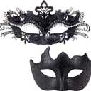 2025 Masquerade Masks for Couples, Shiny Rhinestone Metal Filigree Venetian Mask & Men's Venetian Mask for Mardi Gras (Black)