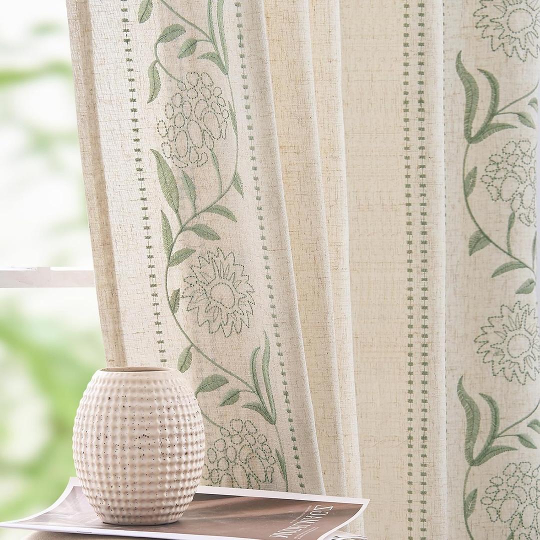 jinchan Winslow Linen Curtains for Bedroom 84 Inches Length Embroidered Bordered Floral Curtains for Living Room Farmhouse Decor Light Filtering Window Treatments Sage on Beige Drapes 2 Panels