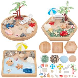 WEBEEDY 3 Sets Miniature Beach Zen Garden Kit Sand Craft Kit Ocean Beach Sandbox Decorations Meditation Mini Zen Garden Accessories for Home Office Desktop Decor Gift, 4/4.2/4.4 inch Tray