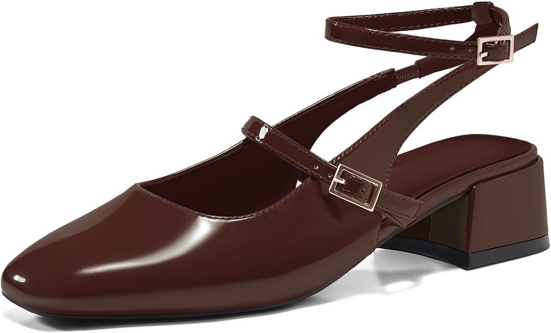 Coutgo Womens Mary Jane Chunky Low Heels Closed Square Toe Ankle Strap Pumps Wedding Party Dress Shoes (8.5, Coffee)