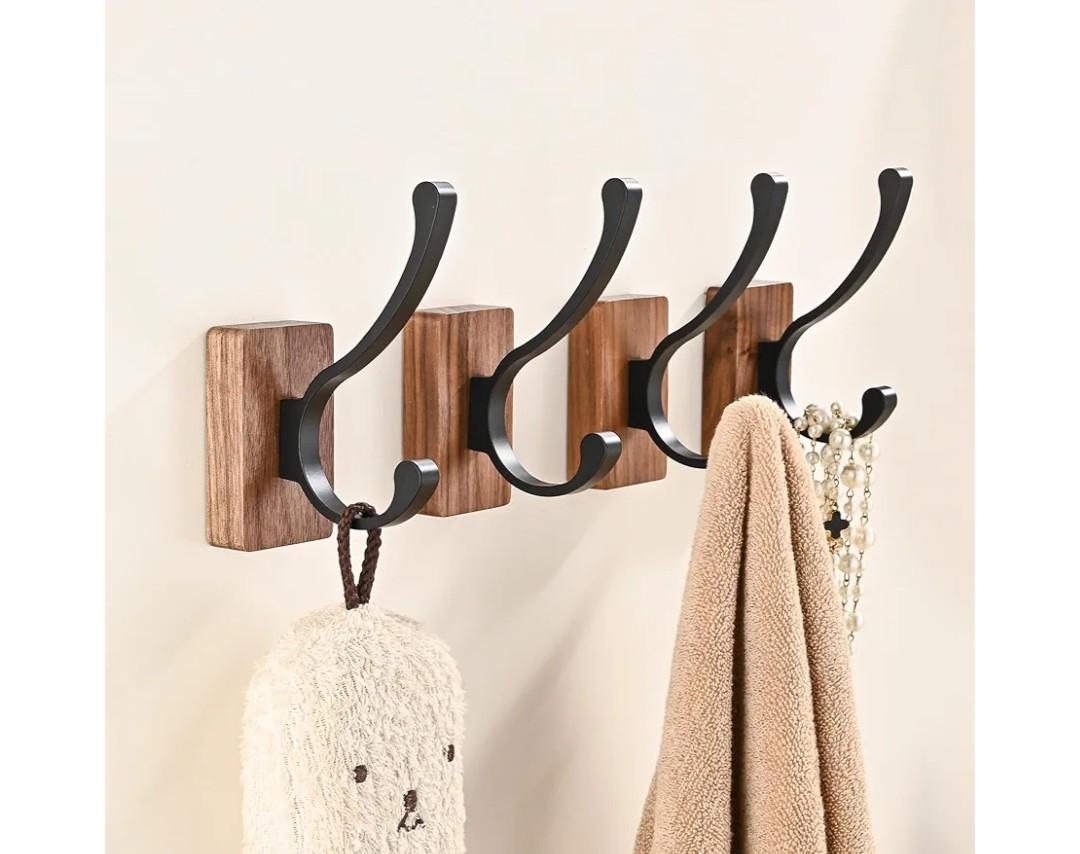 4 Pack Wooden Wall Hooks for Hanging, Adhesive Mounted & Wall Mount Nature Wood Coat Hooks for Towel Clothes Blanket Hat Backpack Robe Nursery Door Board Entryway Key Holder