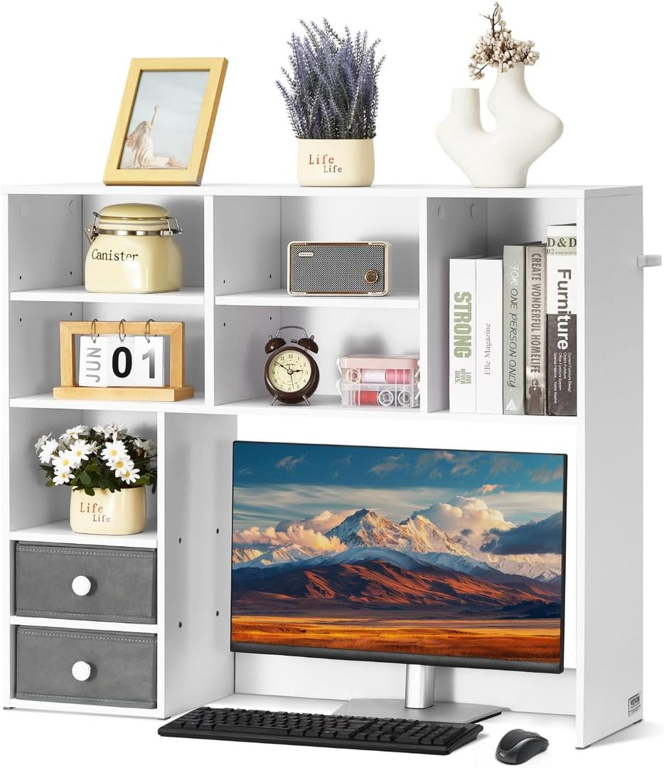 VEVOR Desktop Bookshelf, 3-Tier Desktop Storage Organizer, 37" x 10" x 31.1" Office Storage Rack Wood Display Shelf, Desktop Bookshelf Hutch with 2 Fabric Drawers, for Office, Home & Dorm, White, 3 Shelves