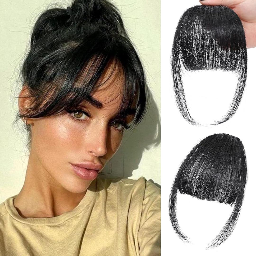 NAYOO Bangs Hair Clip in Bangs 100% Real Human Hair Extensions Natural Black Wispy Bangs Clip on Air Bangs for Women Fringe with Temples Hairpieces Curved Bangs for Daily Wear